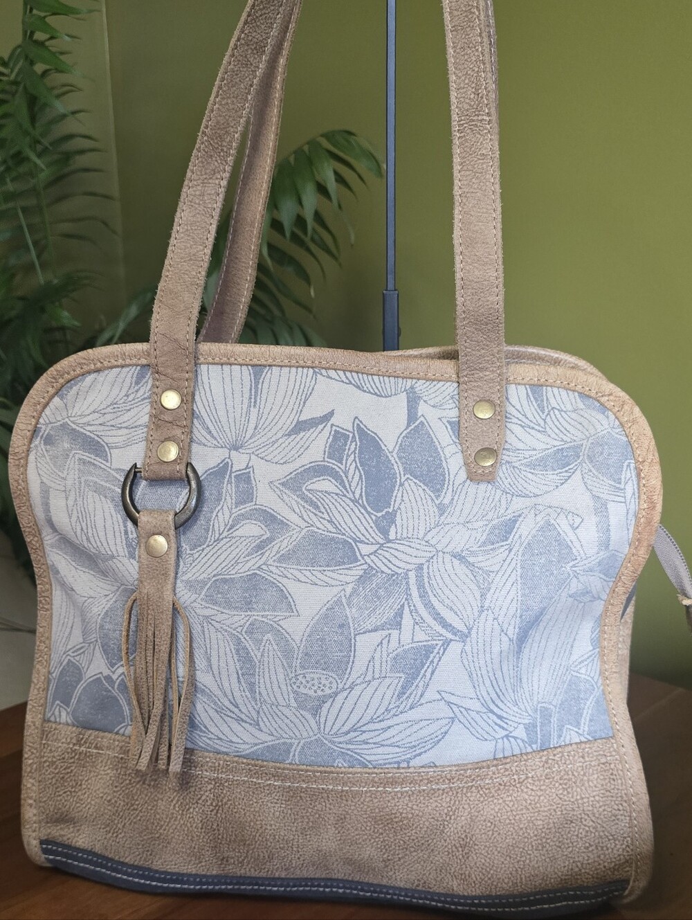 Myra Bag Floral Lotus Weekender Tote Shoulder Bag Upcycled Canvas & Leather